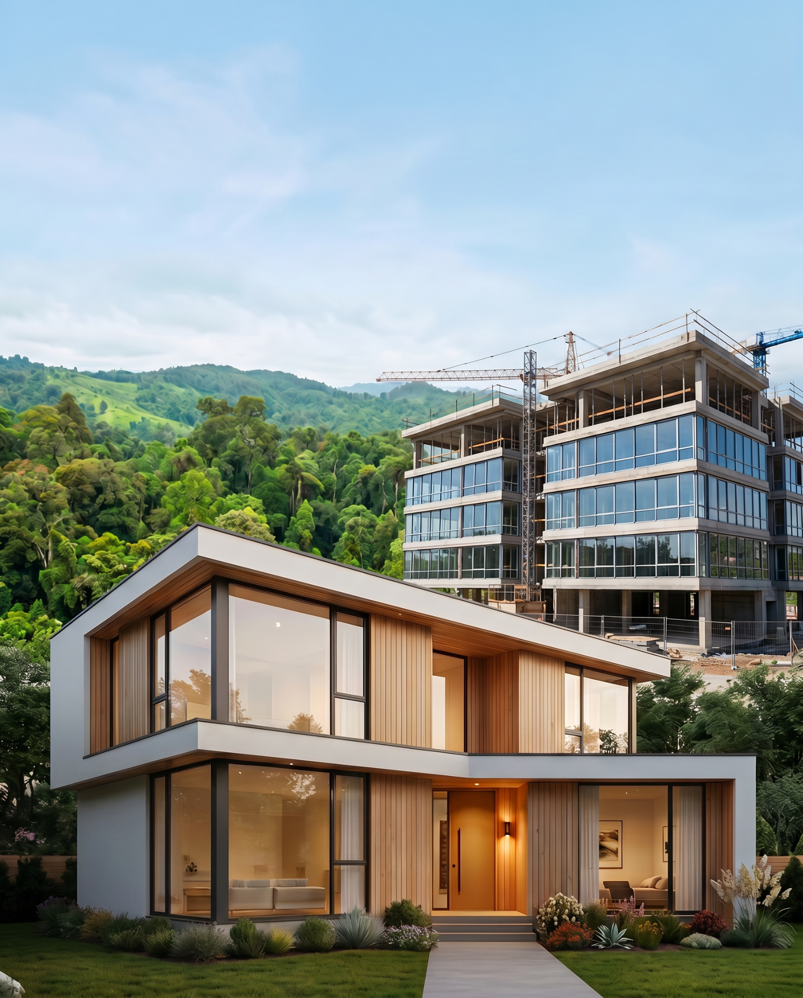 Vivienda contemporánea y edificio en construcción